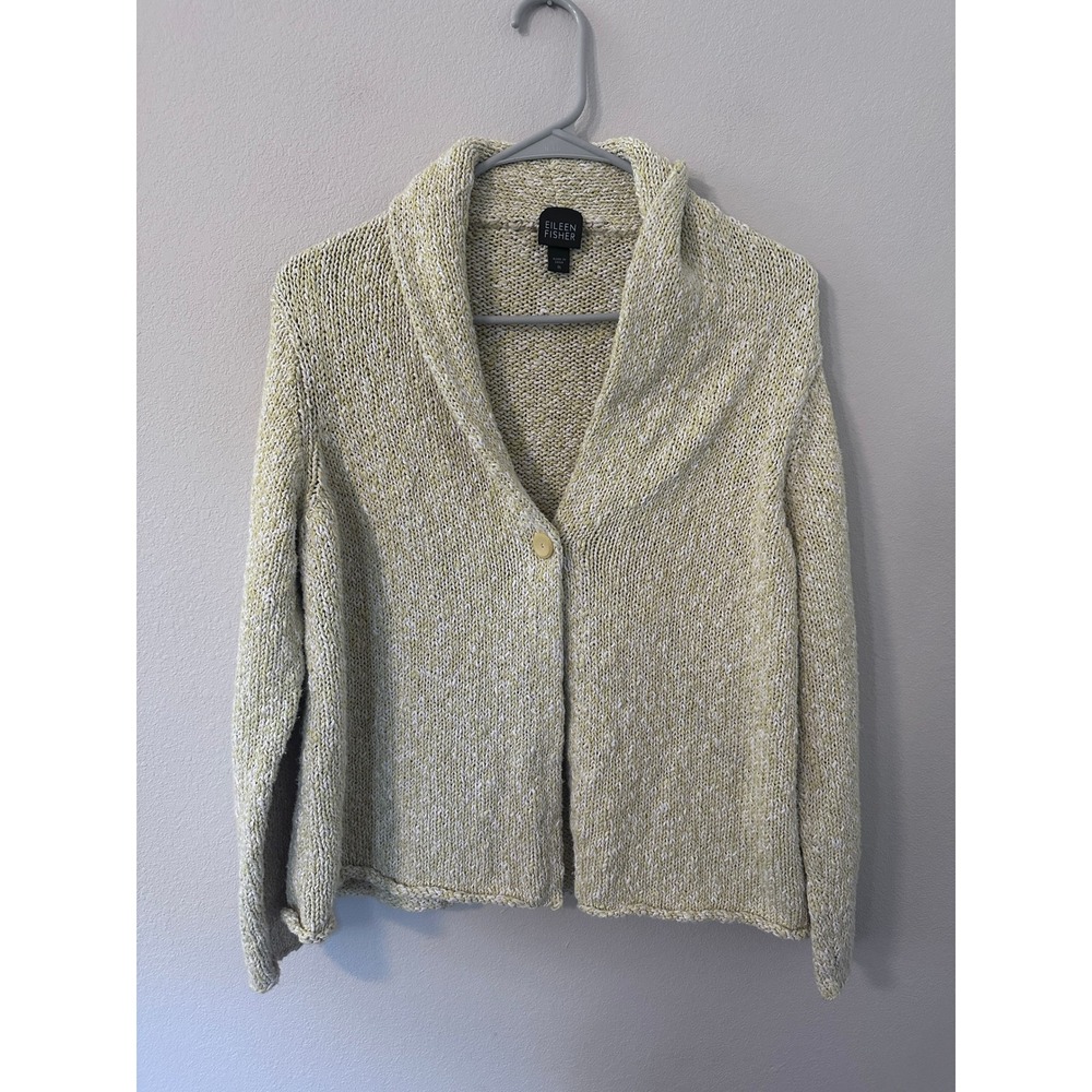 Eileen Fisher Cardigan M Yellow womens Shawl Collar Cotton Blend Chunky Knit